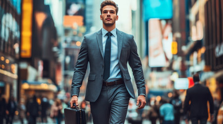 A confident businessman walks through a bustling urban landscape with a briefcase in hand, showcasing modern professional attire against a vibrant city backdrop.の素材