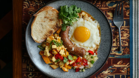 A delightful breakfast plate featuring a sunny-side-up egg, sausage, toast, and a colorful medley of vegetables. Perfect for a hearty meal.の素材