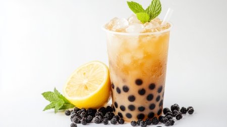 A refreshing boba tea featuring ice, lemon slices, and mint leaves, perfect for summer gatherings. Enjoy a vibrant and delicious beverage!の素材