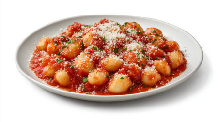 A mouthwatering plate of gnocchi served with vibrant tomato sauce, topped with cheese and herbs, perfect for any Italian food lover's meal.の素材