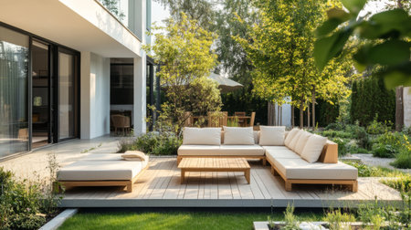 A serene garden space featuring a modern outdoor lounge set with plush cushions, highlighting relaxation and contemporary design in a sunny environment.の素材