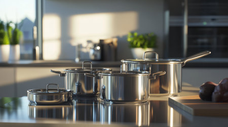 A gleaming collection of stainless steel cookware arranged on a bright kitchen countertop, showcasing a modern and clean cooking space filled with natural light.の素材