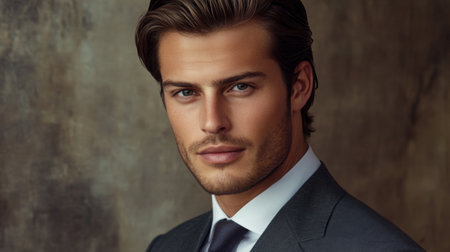 A handsome man in a tailored suit presents a confident look. His striking features and elegant style create a captivating business portrait. Perfect for themes of fashion and professionalism.の素材