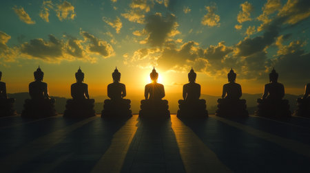 A stunning silhouette of Buddha statues during a serene sunrise, capturing the essence of tranquility and spirituality in a beautiful landscape.の素材