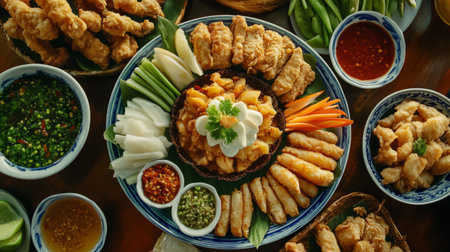 A stunning assortment of flavorful Asian dishes showcased on a beautiful platter, featuring crispy chicken, fresh vegetables, and vibrant sauces, perfect for gatherings.の素材