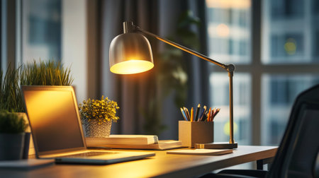 A cozy workspace featuring a desk with a laptop, a lamp, and decorative plants. The warm light creates an inviting atmosphere perfect for productivity and creativity.の素材