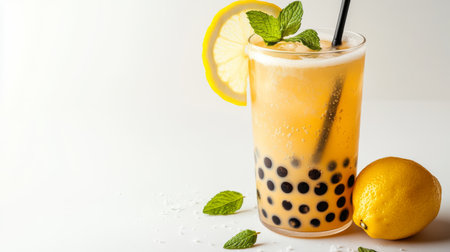 Enjoy a refreshing lemonade drink featuring tapioca pearls, garnished with lemon and mint. Perfect for summer parties or a casual relaxation moment.の素材