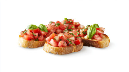A visually appealing platter of fresh bruschetta topped with diced tomatoes and basil. Ideal for appetizers or snacks at gatherings and events.の素材