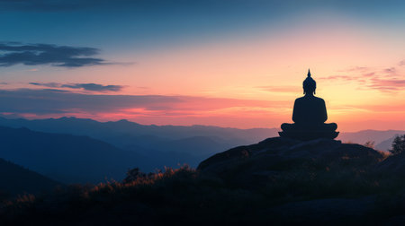 Silhouette of a tranquil Buddha statue at sunset, surrounded by majestic mountains. A serene scene evoking peace, reflection, and spirituality.の素材