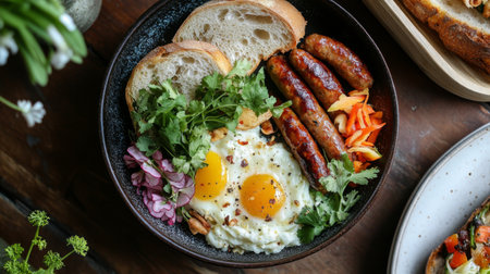 A vibrant breakfast bowl featuring sunny-side-up eggs, savory sausages, fresh herbs, and toasted bread, perfect for a nutritious start to your day.の素材