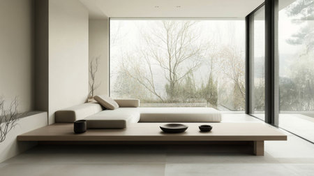 This modern minimalist living space features a serene design with natural light and a beautiful view, creating an inviting atmosphere for relaxation.の素材