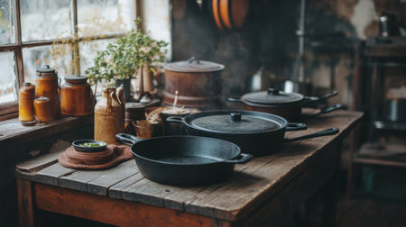 A cozy rustic kitchen scene showcasing cast iron cookware, fresh herbs, and warm wooden elements. Perfect for culinary inspiration and homely decor.の素材