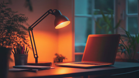 A serene workspace featuring a laptop and a desk lamp, bathed in warm light. This calm setting is perfect for focused work or relaxation at home.の素材