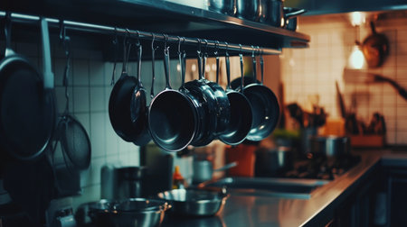 A modern kitchen featuring an elegant array of hanging pots, showcasing a warm and inviting atmosphere perfect for culinary enthusiasts and home cooking.の素材