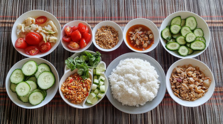 A vibrant assortment of fresh ingredients including rice, cucumbers, tomatoes, and herbs, perfect for a nutritious and colorful meal preparation.の素材