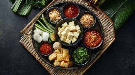 A vibrant assortment of fresh ingredients arranged beautifully on a platter, perfect for Asian cuisine lovers. Ideal for food photography and culinary presentations.の素材