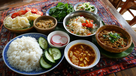 A vibrant assortment of delicious Asian dishes served on a rustic table. Fresh ingredients and colorful presentations create a mouthwatering dining experience.の素材