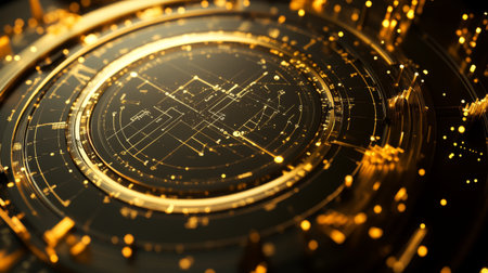 Intricate abstract design featuring golden technology elements, creating a lively and modern background, ideal for projects related to innovation and digital concepts.の素材