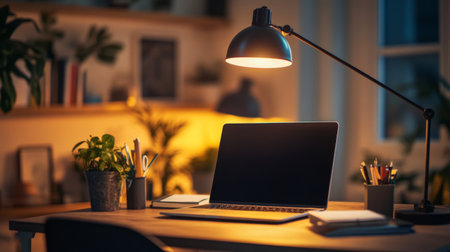 A cozy nighttime workspace featuring a laptop, desk lamp, and houseplants. The warm lighting creates a peaceful ambiance ideal for creativity and focus.の素材