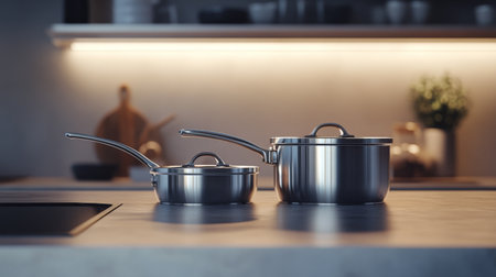 Elegant stainless steel cookware set on a modern kitchen counter, showcasing beauty and functionality. Perfect for culinary enthusiasts and home chefs.の素材