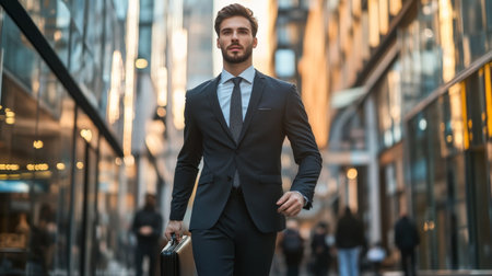 A confident businessman in a stylish suit walks through a vibrant urban environment, embodying success and professionalism in a modern city setting.の素材
