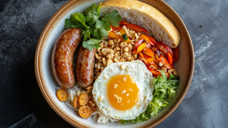 A vibrant breakfast bowl featuring juicy sausages, a sunny-side-up egg, fresh vegetables, and garnished with herbs. Perfect for a healthy morning meal.の素材