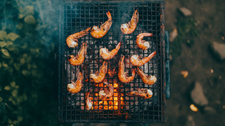Juicy shrimp sizzling on a charcoal grill, surrounded by smoke. Perfect for summer gatherings or barbecues, this delicious seafood dish offers a vibrant culinary experience.の素材