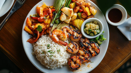 A vibrant platter featuring grilled shrimp, assorted vegetables, and fluffy rice. Perfect for a hearty meal, showcasing fresh ingredients and savory flavors.の素材