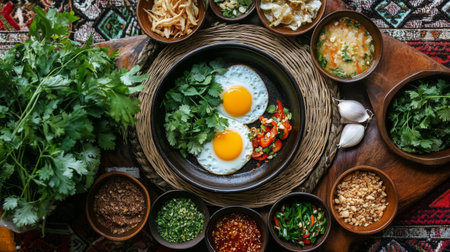 A vibrant flat lay of fresh ingredients for a healthy breakfast, featuring eggs, cilantro, vegetables, and spices arranged beautifully in rustic bowls.の素材