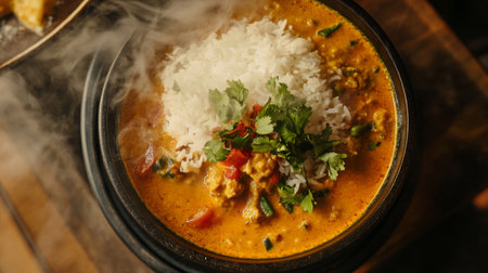 A steaming bowl of aromatic stew topped with fluffy rice and fresh herbs. This dish combines vibrant flavors and healthy ingredients for a perfect meal.の素材