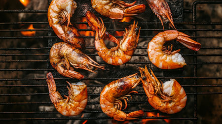 Juicy shrimp grilled to perfection over an open flame, showcasing delicious cooking techniques. Perfect for summer gatherings and seafood lovers.の素材