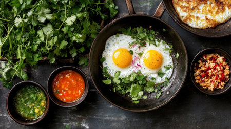 Explore a vibrant food scene with eggs garnished with herbs, fresh cilantro, and an array of spicy sauces, perfect for a delicious breakfast or brunch.の素材