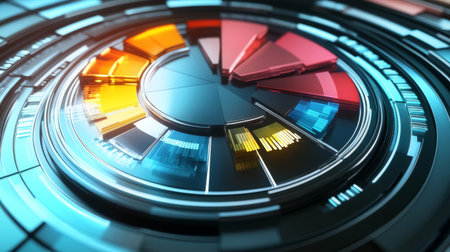 This abstract design features a futuristic circular structure with vibrant colors and geometric shapes. Ideal for technology and creative projects.の素材