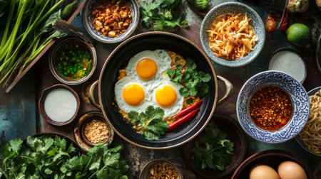 Discover a colorful arrangement of fresh ingredients and eggs ready for a delicious breakfast. Ideal for culinary and food-related projects.の素材