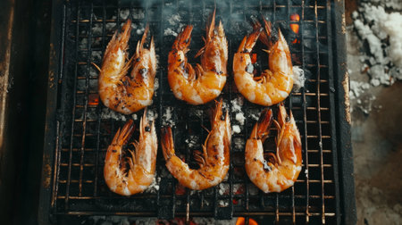 A striking close-up of grilled shrimp sizzling on a charcoal grill, showcasing the vibrant color and enticing texture, perfect for seafood lovers.の素材