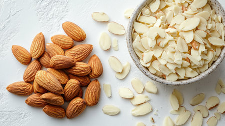 Fresh almonds and sliced almonds arranged in a natural setting, showcasing their textures and colors, perfect for healthy eating and culinary inspiration.の素材