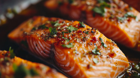 Close-up of fresh salmon fillets garnished with herbs and spices. This vibrant dish showcases healthy ingredients, perfect for a gourmet meal.の素材