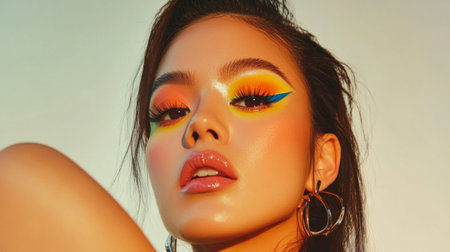 A stunning portrait showcasing vibrant beauty makeup with bold colors. The model's expressive eyes and glossy lips highlight contemporary fashion trends.の素材