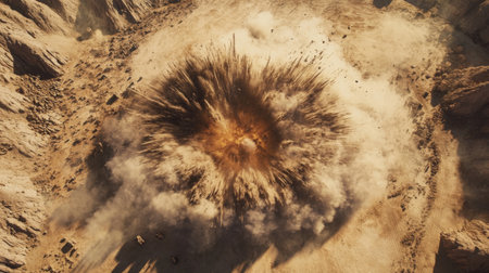 A dramatic explosion erupts in a barren desert landscape, sending dust and debris high into the air. This striking aerial view captures the force and chaos of the event.の素材