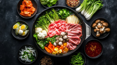 A vibrant display of fresh ingredients for a hot pot meal, featuring vegetables, meats, and various sides. Perfect for a delicious and healthy dining experience.の素材