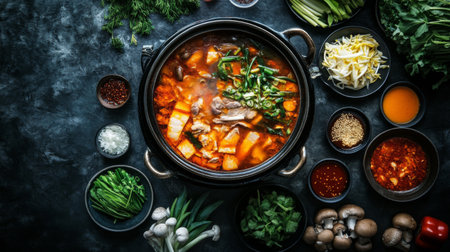 A vibrant flatlay of fresh ingredients for a delicious soup, showcasing colorful vegetables, herbs, and spices perfect for culinary enthusiasts.の素材