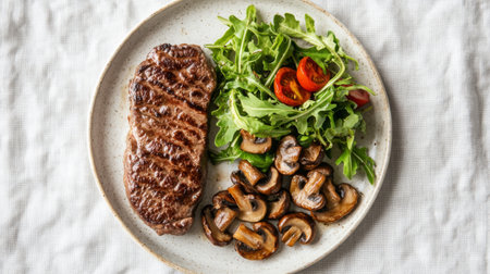 A succulent grilled steak served with fresh arugula, cherry tomatoes, and sautの素材