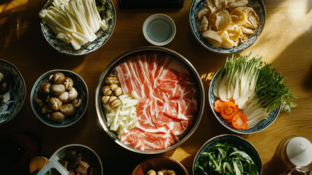 A vibrant hot pot meal featuring fresh vegetables and meat arranged beautifully on a wooden table, perfect for sharing and enjoying with friends and family.の素材