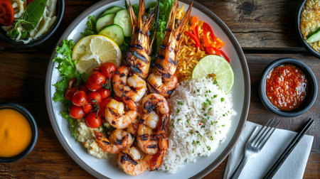 A vibrant plate of grilled shrimp accompanied by fresh vegetables, rice, and flavorful sauces, perfect for seafood lovers and culinary enthusiasts.の素材