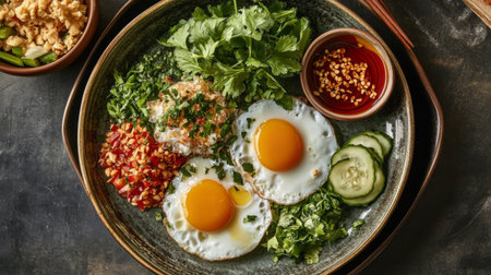 A vibrant plate featuring fried eggs paired with fresh herbs, vegetables, and a spicy sauce, perfect for a nutritious and delicious breakfast option.の素材