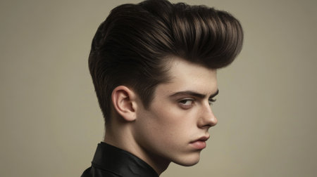 A stylish young man showcases a unique hairstyle and serious expression, embodying modern elegance in a dramatic portrait against a neutral backdrop.の素材