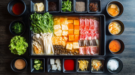 A vibrant array of fresh ingredients arranged for a hot pot meal, showcasing colorful vegetables, meat, and sauces perfect for a delightful dining experience.の素材
