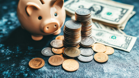 A piggy bank surrounded by coins and dollar bills highlights the concept of savings and personal finance management in a visually appealing way.の素材