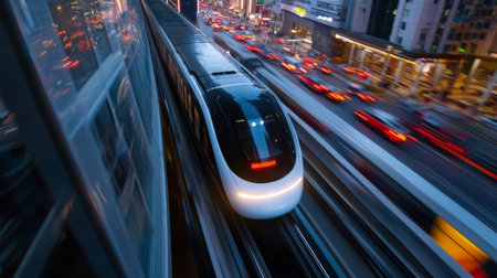 A sleek train glides through a bustling urban environment. The high-speed transport captures the essence of modern travel amid vibrant city lights and architecture.の素材