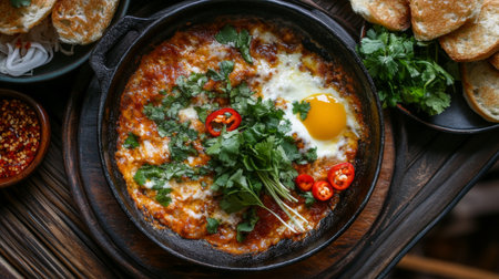 A beautifully presented dish featuring a vibrant mix of fresh herbs, spices, and a perfectly cooked egg. Ideal for culinary enthusiasts and food lovers.の素材